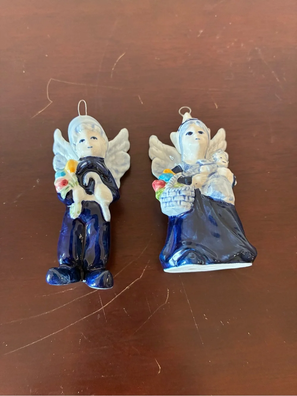 Vintage Delft Style Dutch Boy & Girl Angel Porcelain Christmas Ornaments Pair